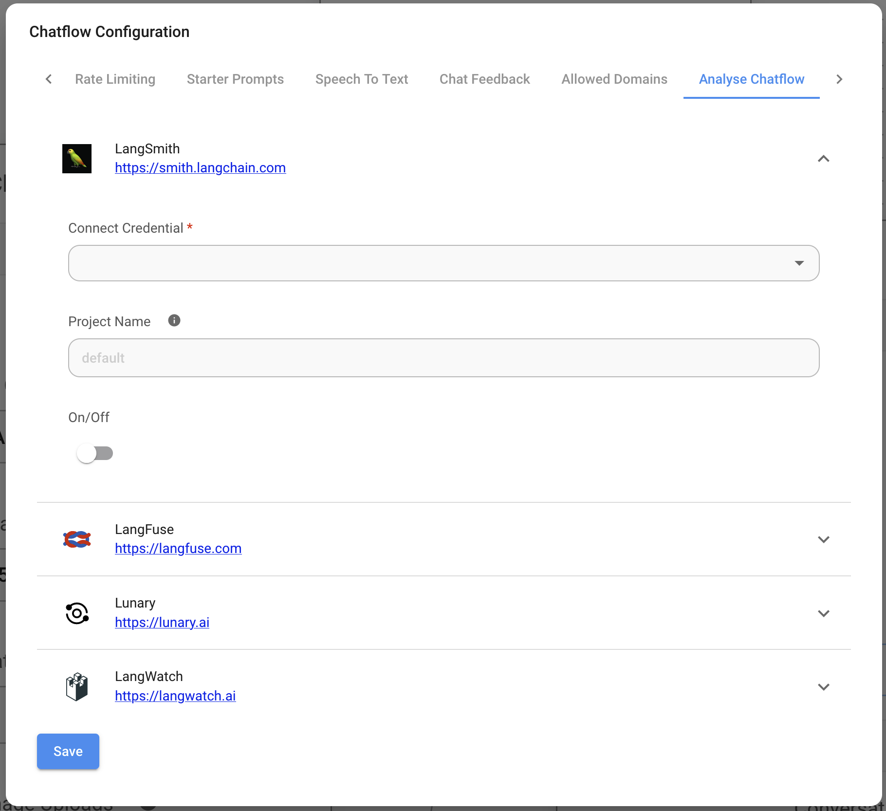 Screenshot of an analytics provider with credentials fields expanded